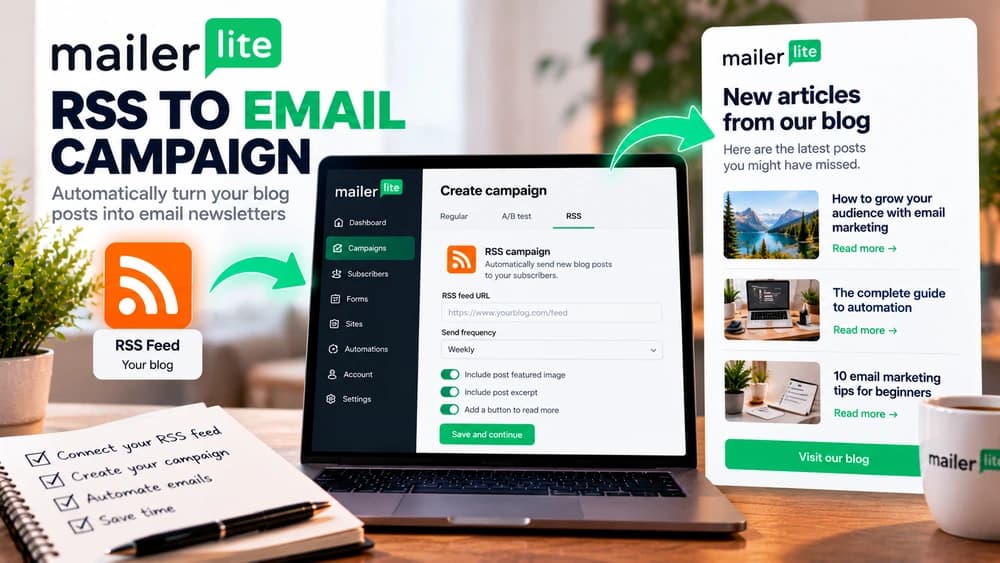 MailerLite RSS to email campaign guide: blog feed, newsletter scheduling and a preview of automatically delivered articles.