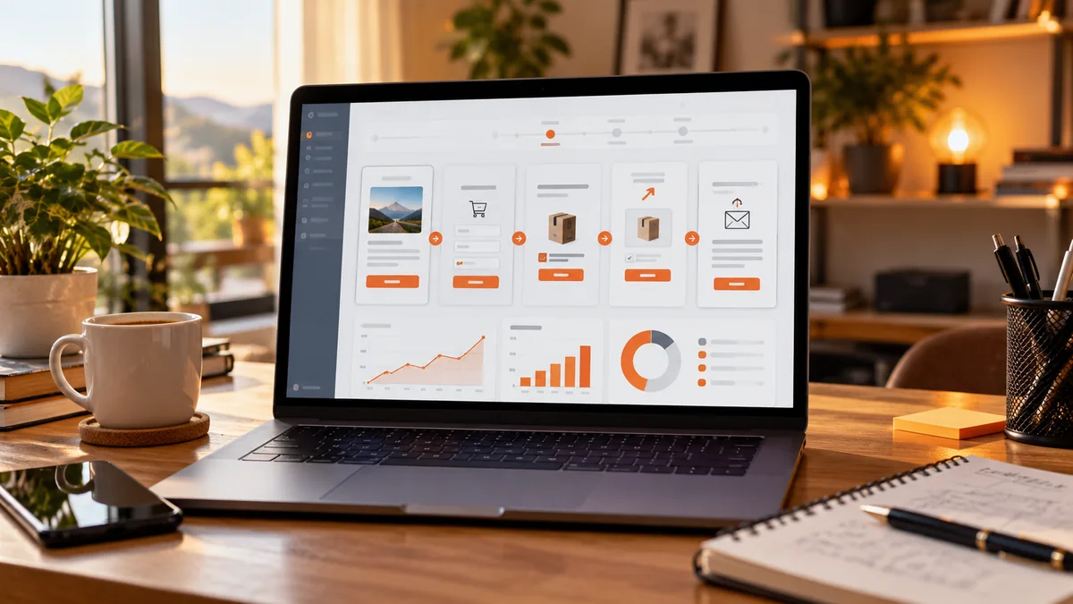 Ordinateur portable affichant un parcours complet de tunnel de vente avec pages, paiement, upsell et e-mails