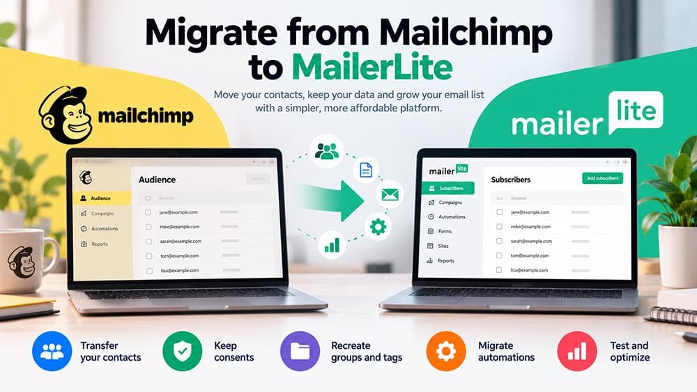 Editorial illustration of Mailchimp and MailerLite contacts on two laptop interfaces, connected by a green arrow with English labels about consent, contacts and automations