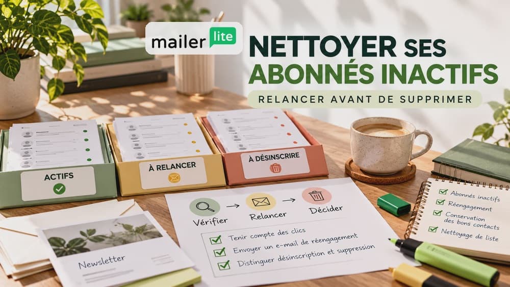 Couverture MailerLite illustrant le tri des abonnés actifs, des contacts à relancer et des personnes à désinscrire