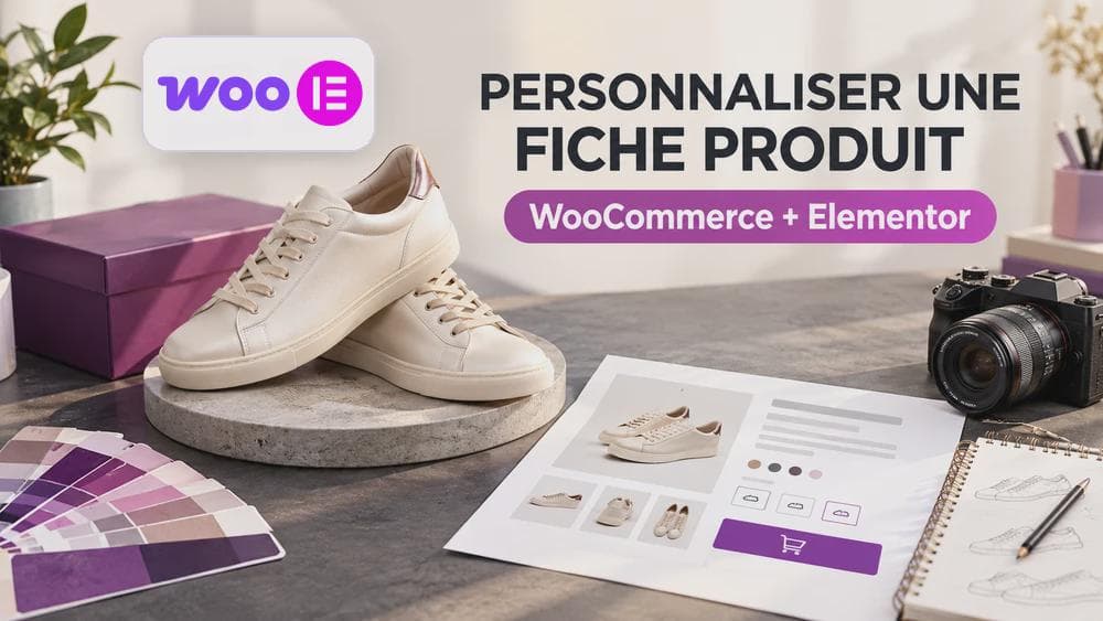 Couverture éditoriale : chaussures photographiées pour une boutique, maquette de fiche produit et logos WooCommerce et Elementor
