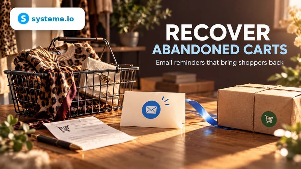 Abandoned shopping basket, email reminder and recovered parcel illustrating Systeme.io cart recovery
