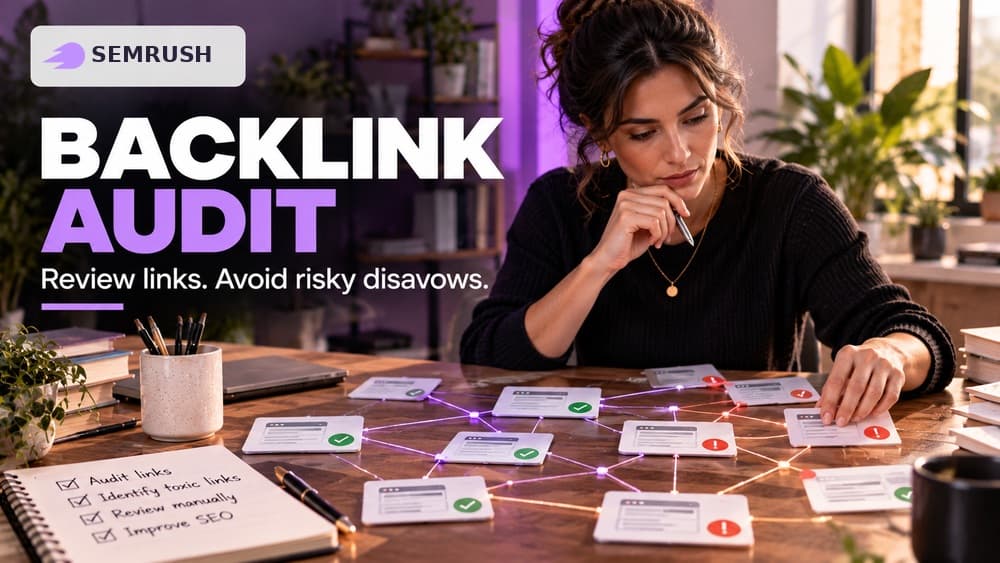 Semrush Backlink Audit illustration showing an SEO specialist reviewing a network of incoming links, with approved and flagged links