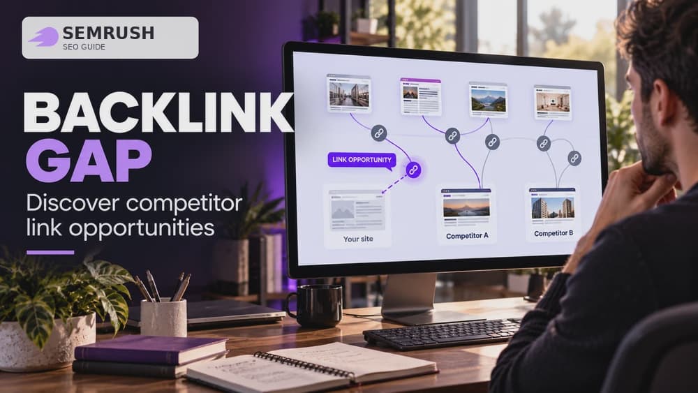 Semrush Backlink Gap guide showing an illustrated network of competitor referring domains and a highlighted backlink opportunity