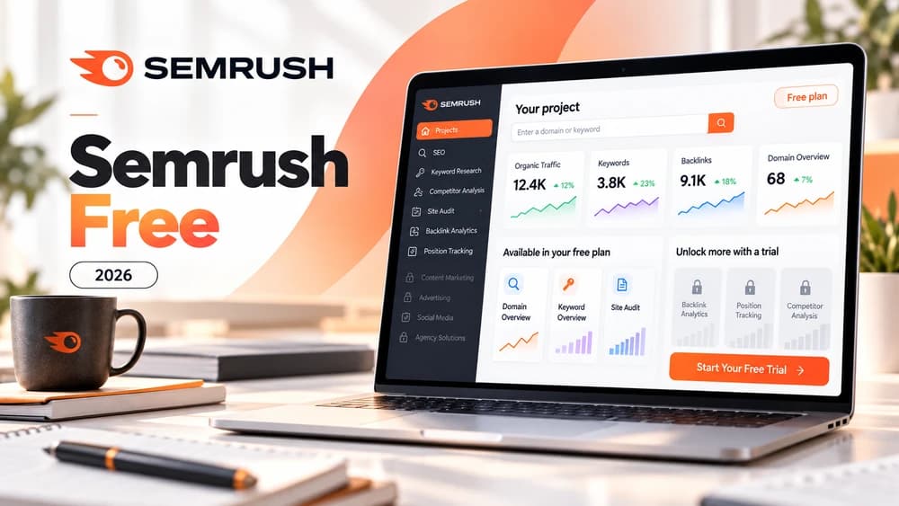 Semrush interface concept showing free access and limited SEO reports