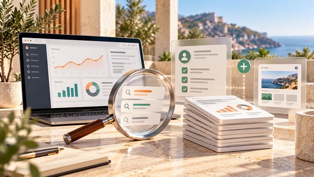 Estudio SEO luminoso con lupa, paneles de resultados de búsqueda y varios informes organizados sobre una mesa, ilustración editorial de Semrush gratis