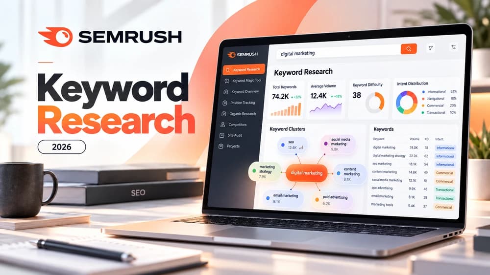 Semrush keyword research concept organized into topic groups and search intents