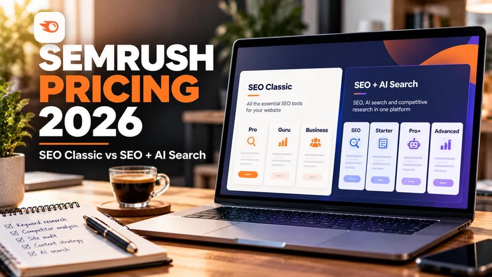 Semrush pricing 2026 comparison showing SEO Classic Pro, Guru and Business alongside SEO plus AI Search SEO, Starter, Pro+ and Advanced