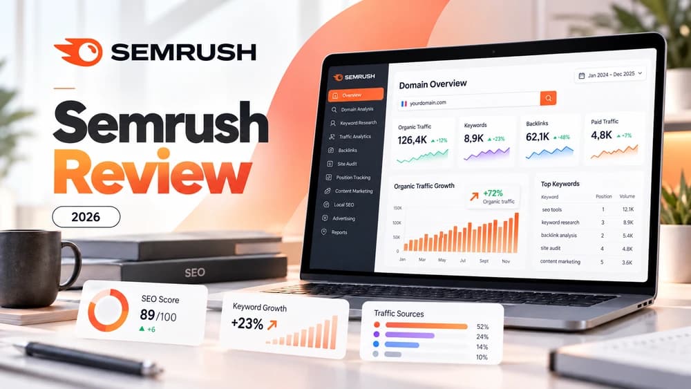 Editorial dashboard illustrating the main SEO and AI-search capabilities of Semrush