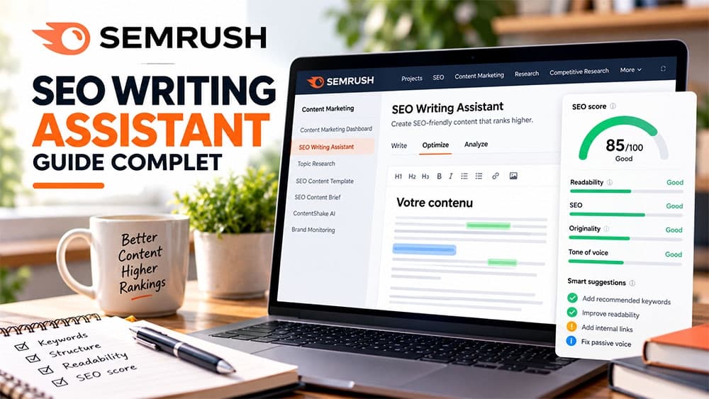 Illustration du guide Semrush SEO Writing Assistant : article en cours de relecture et exemple fictif de score SEO 85 sur 100