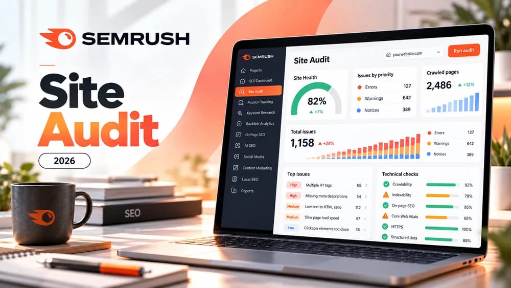 Semrush Site Audit concept showing technical SEO errors and prioritized fixes
