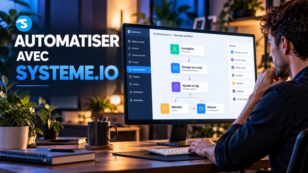 Automatisation dans Systeme.io : workflow visuel reliant formulaire, inscription, envoi d’e-mail, ajout de tag et relance