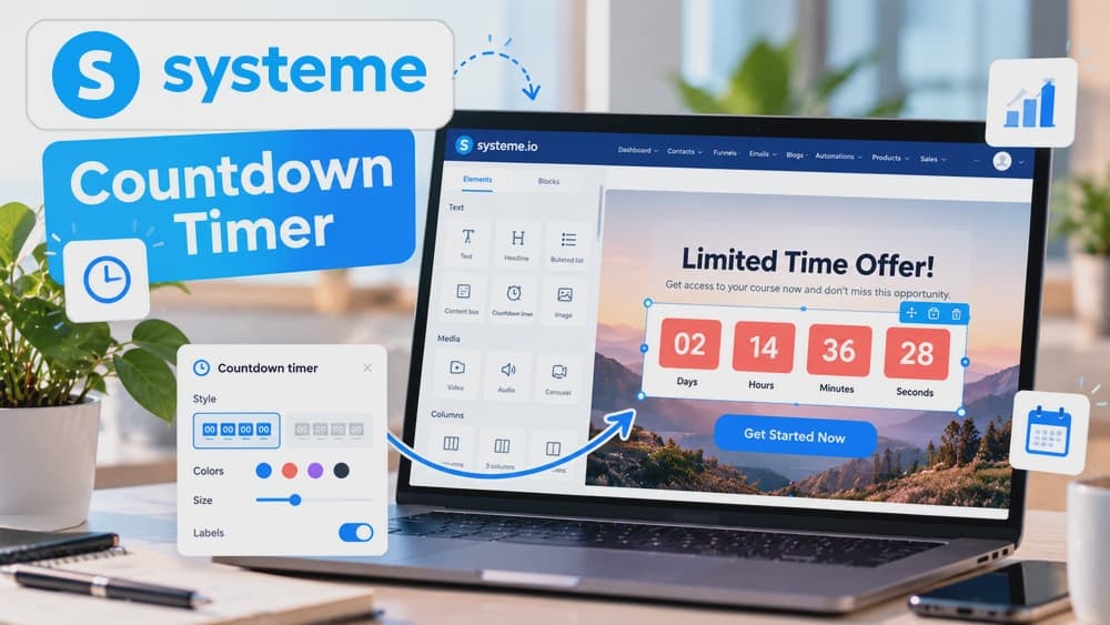 Illustrative Systeme.io page editor with a countdown timer, landing page preview and timing settings