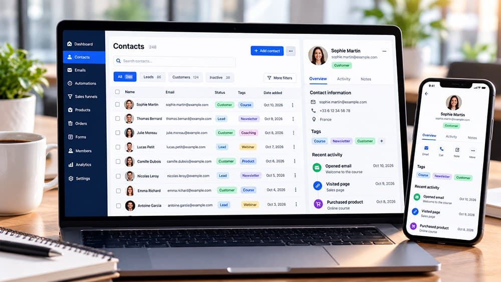 Illustrative contact management CRM interface with customer profiles tags activity timeline and mobile contact details