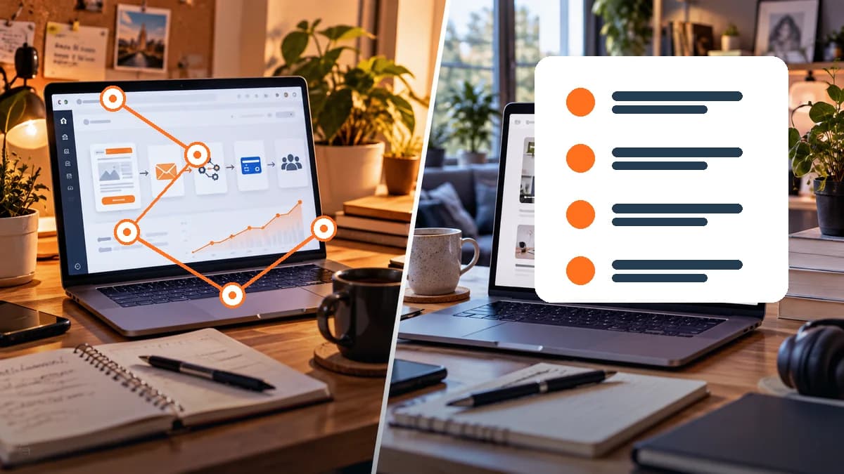 Illustration éditoriale réaliste d’un CRM avec contacts segmentés et réseau d’automatisations relié à un tableau de bord