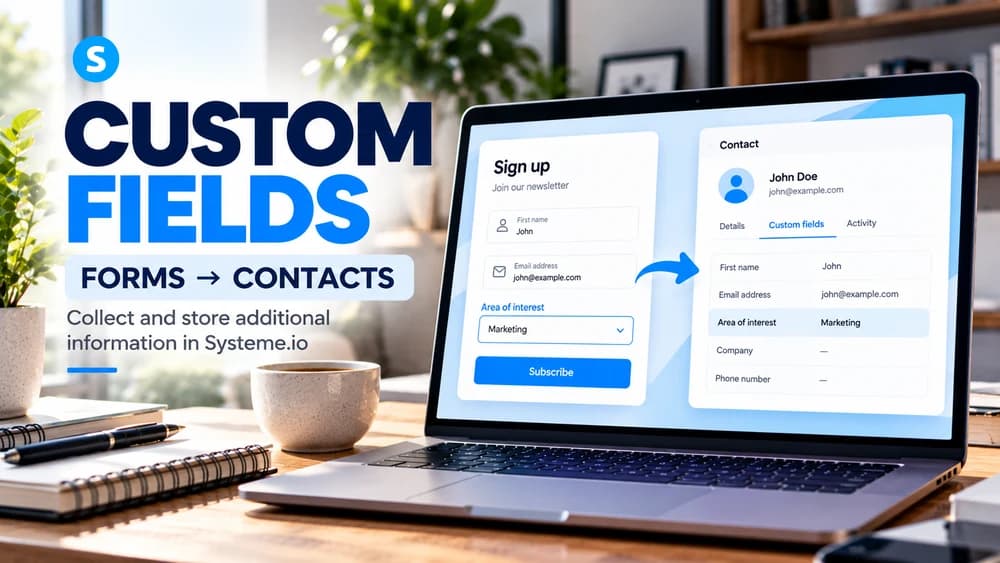 Systeme.io custom fields: a signup form collecting an area of interest and saving it to a contact record