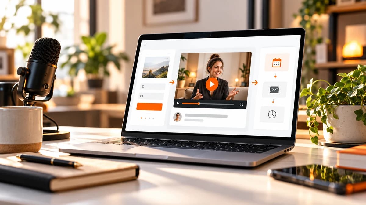 Webinar video preview and automated scheduling sequence on a laptop