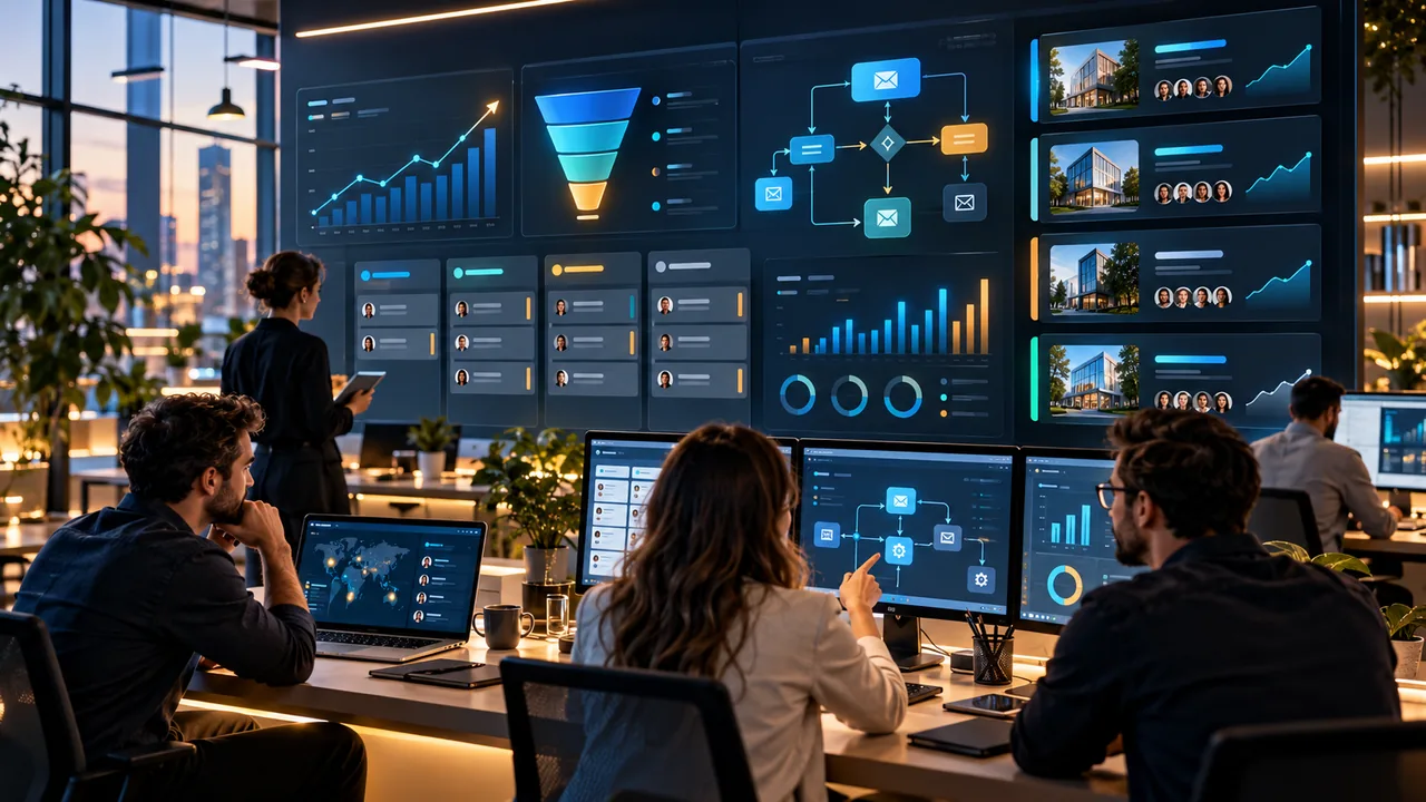 Marketing agency team reviewing campaign dashboards and automations