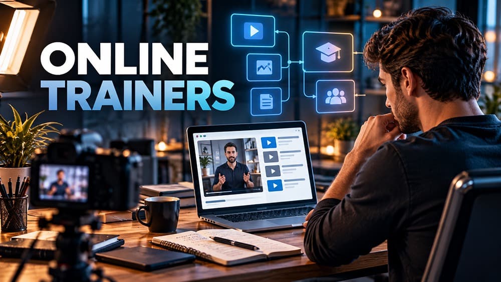 English online trainer preparing video lessons, digital courses and student delivery