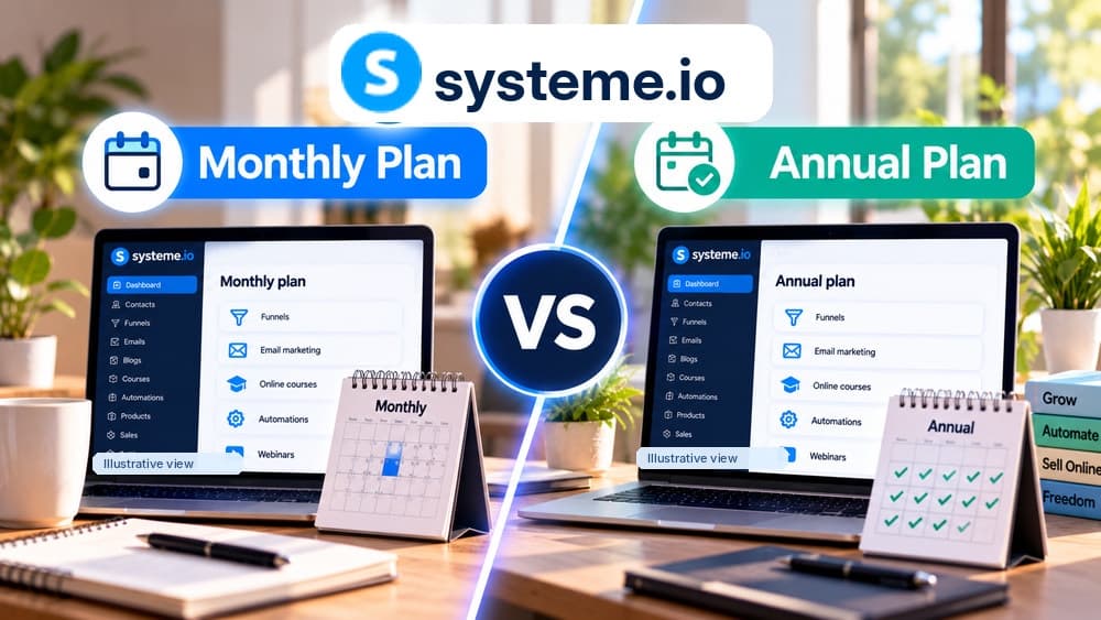 Systeme.io monthly versus annual billing: comparison of subscription periods with two workspaces and monthly and yearly calendars