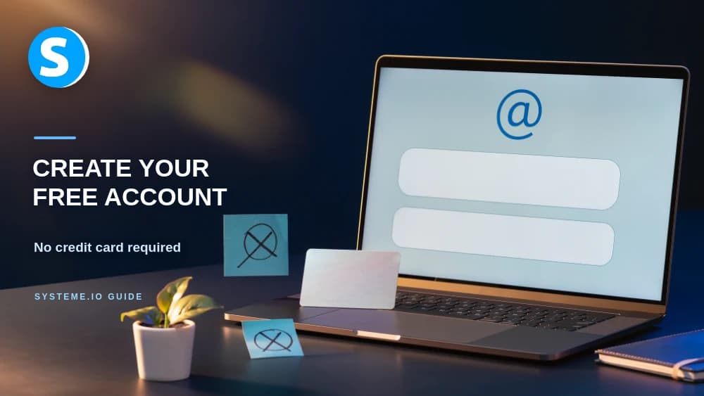 Laptop showing a sign-up form beside a crossed-out credit card