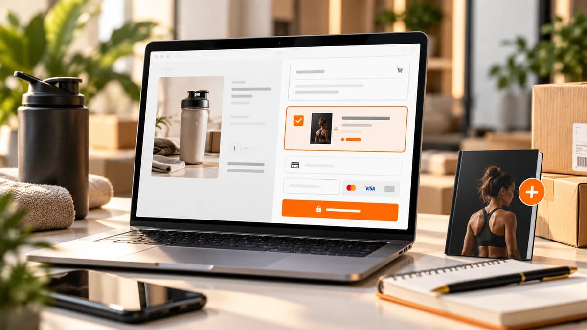 Illustration éditoriale d’un order bump ajouté à une page de paiement Systeme.io