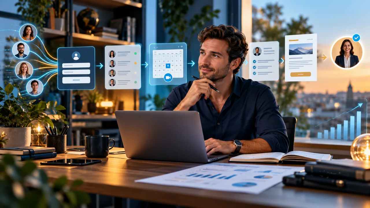 Parcours commercial d’un consultant reliant formulaire, CRM, calendrier et proposition de service