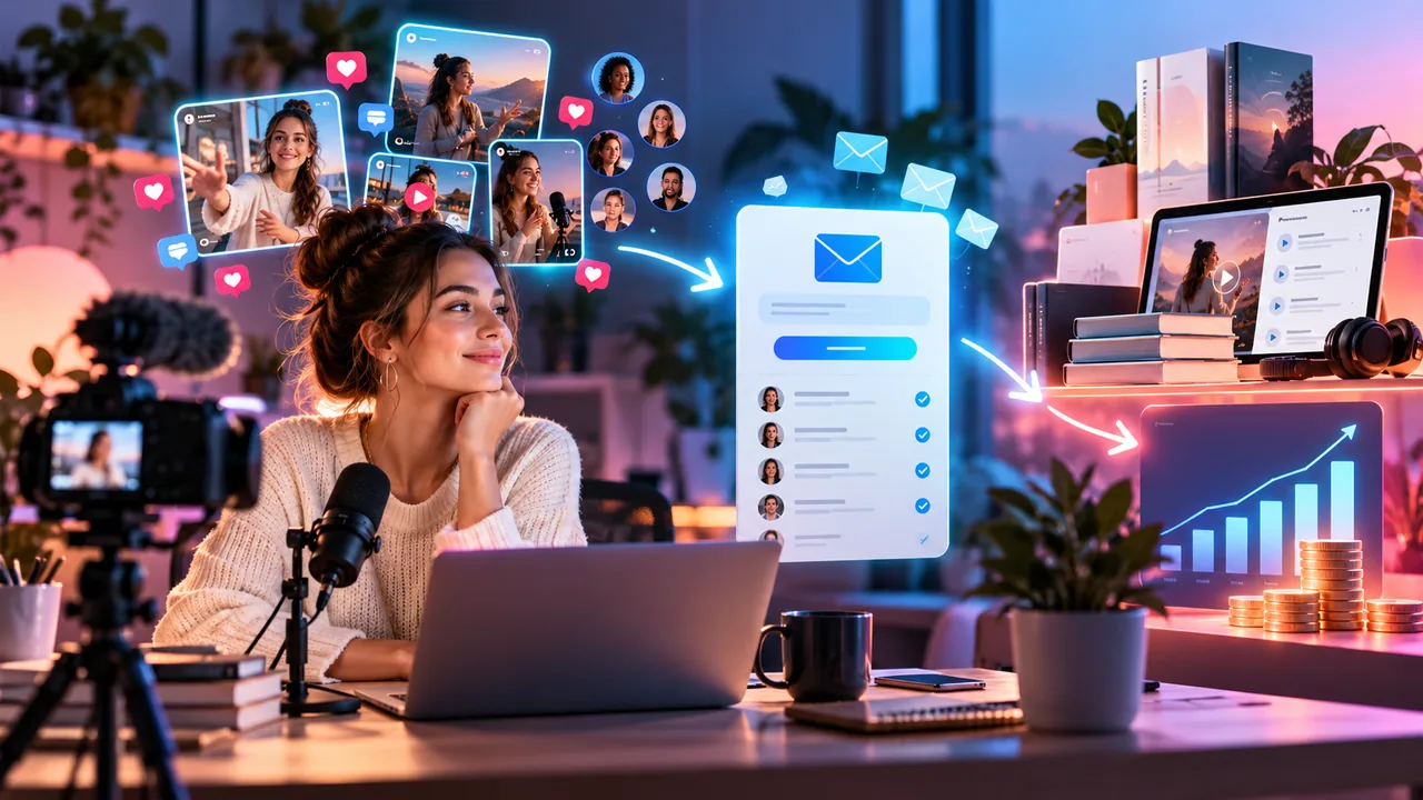Écosystème de créateur reliant contenu social, page de capture, newsletter et produits numériques