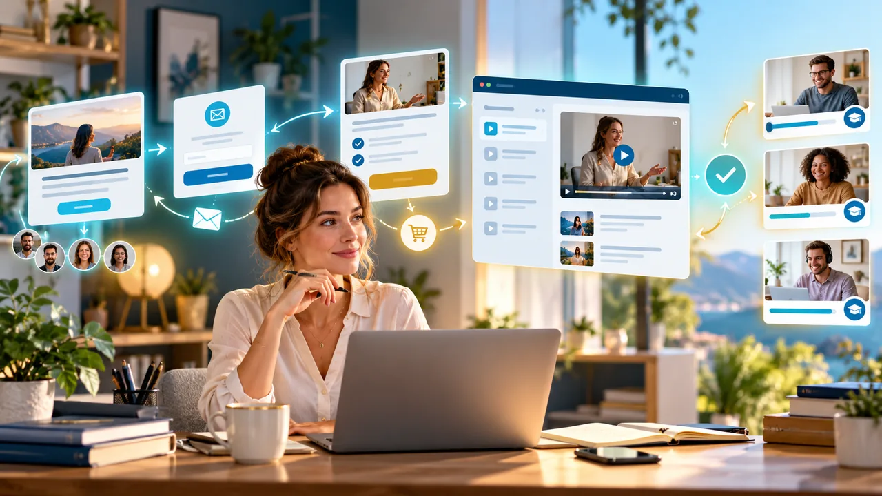 Parcours de formation en ligne reliant acquisition, cours, paiement et progression des élèves