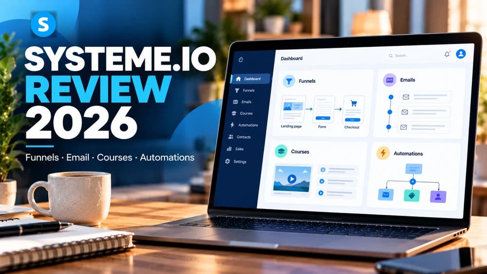 Systeme.io review 2026 showing funnels, emails, courses and automations in an illustrative dashboard on a laptop