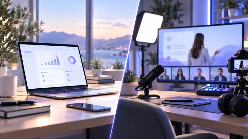 Comparaison entre un espace de travail entrepreneurial et une configuration dédiée aux webinaires