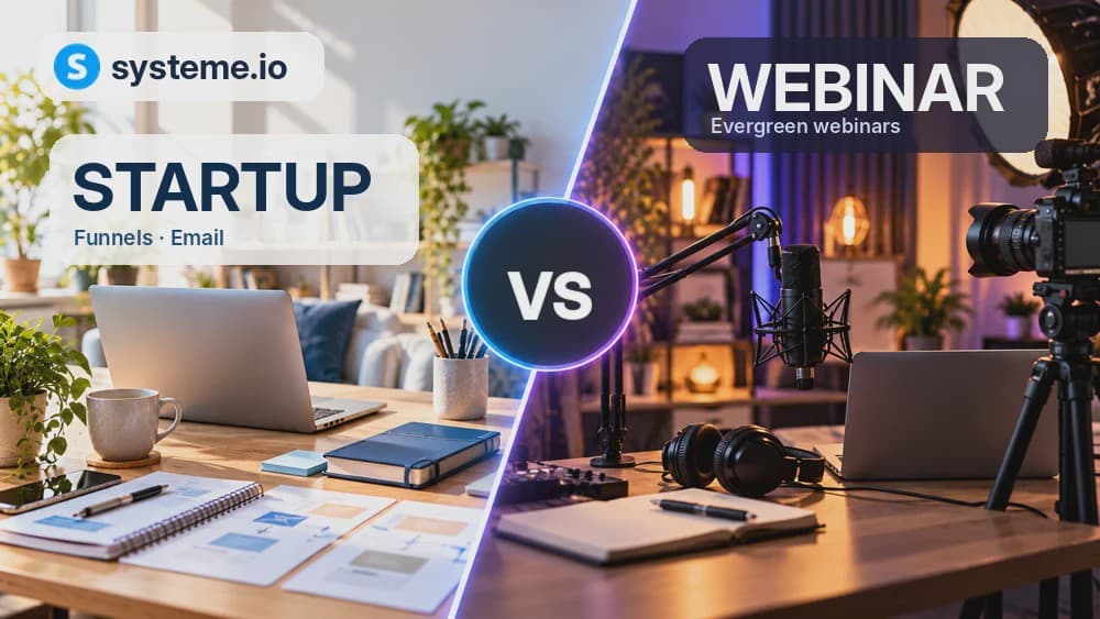 Systeme.io Startup versus Webinar plans: sales funnels and email marketing workspace compared with an evergreen webinar recording studio