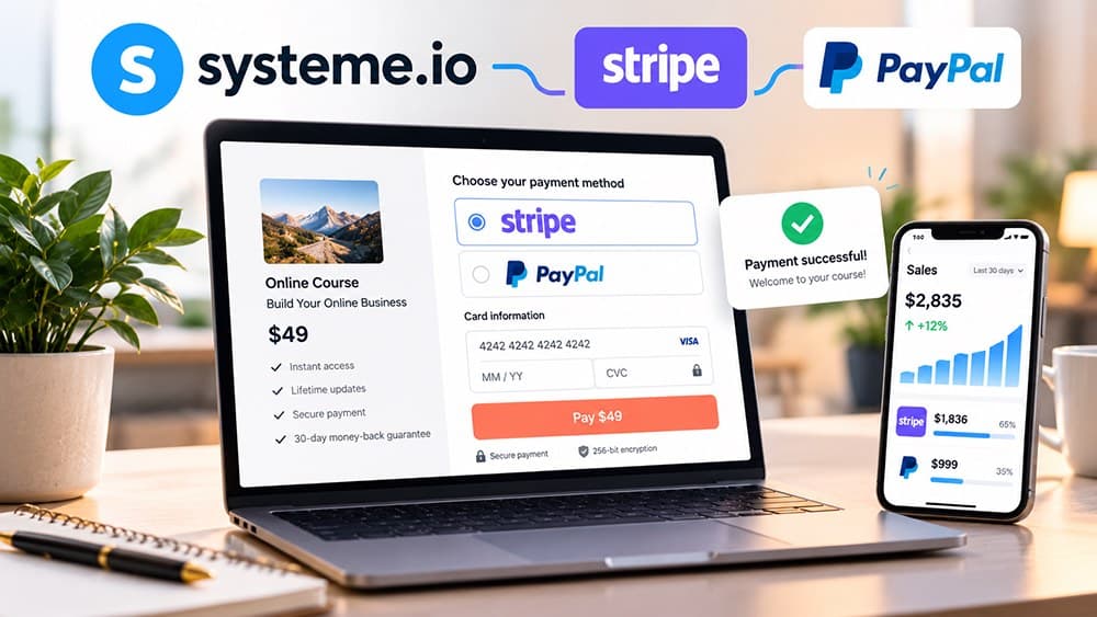 Illustrative Systeme.io checkout with Stripe and PayPal payment choices and transaction analytics