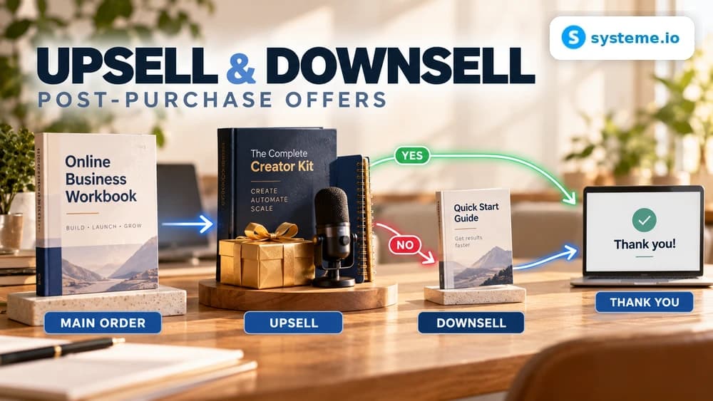 Systeme.io funnel showing main checkout followed by an upsell, downsell and thank-you page