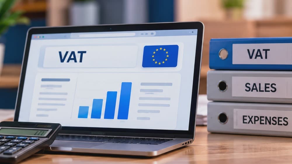 VAT accounting illustration with EU symbol, sales and expenses folders and tax dashboard