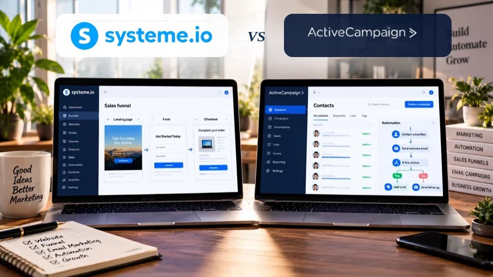 Two laptops comparing a Systeme.io sales funnel with ActiveCampaign contacts and email automation, displaying both software logos