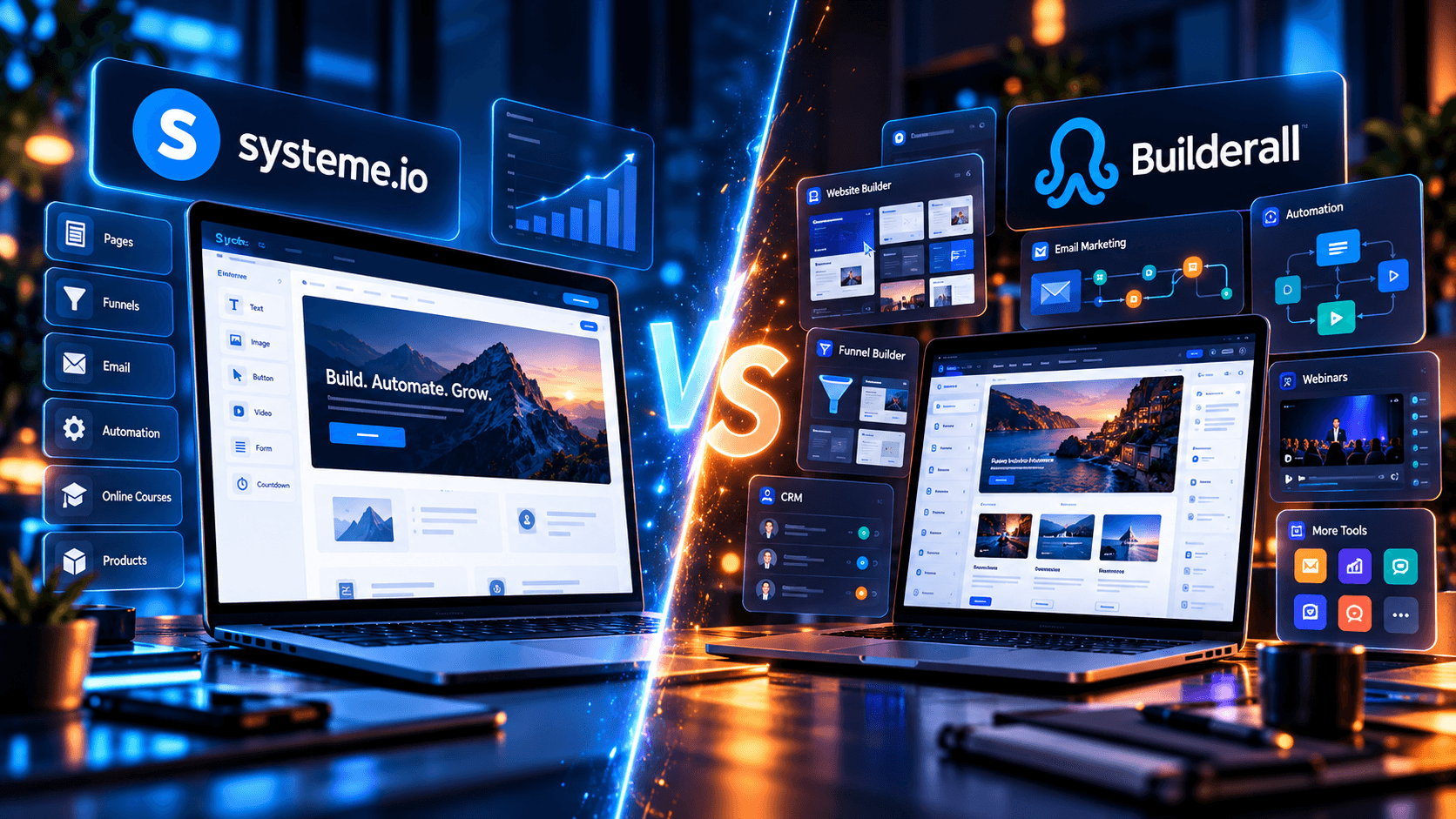 Comparaison éditoriale entre un tunnel Systeme.io simple et une suite marketing Builderall plus large