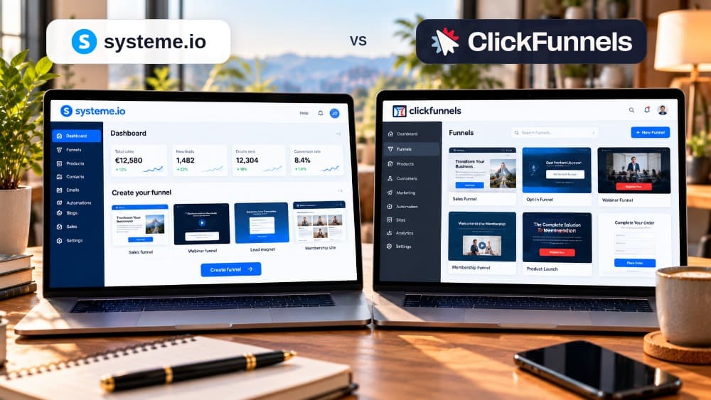 Digital sales funnel editor connecting landing pages leads email follow-up and ecommerce checkout