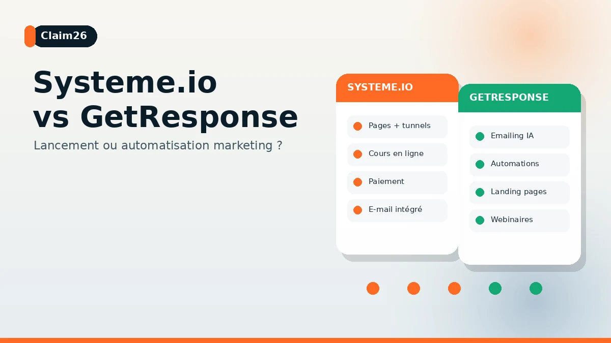 Comparaison éditoriale entre Systeme.io et GetResponse avec fonctions de vente, e-mail et automatisation