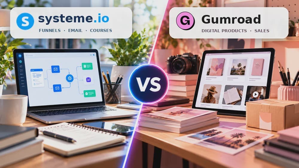 Systeme.io vs Gumroad: sales funnel and email automation workspace alongside a digital product storefront