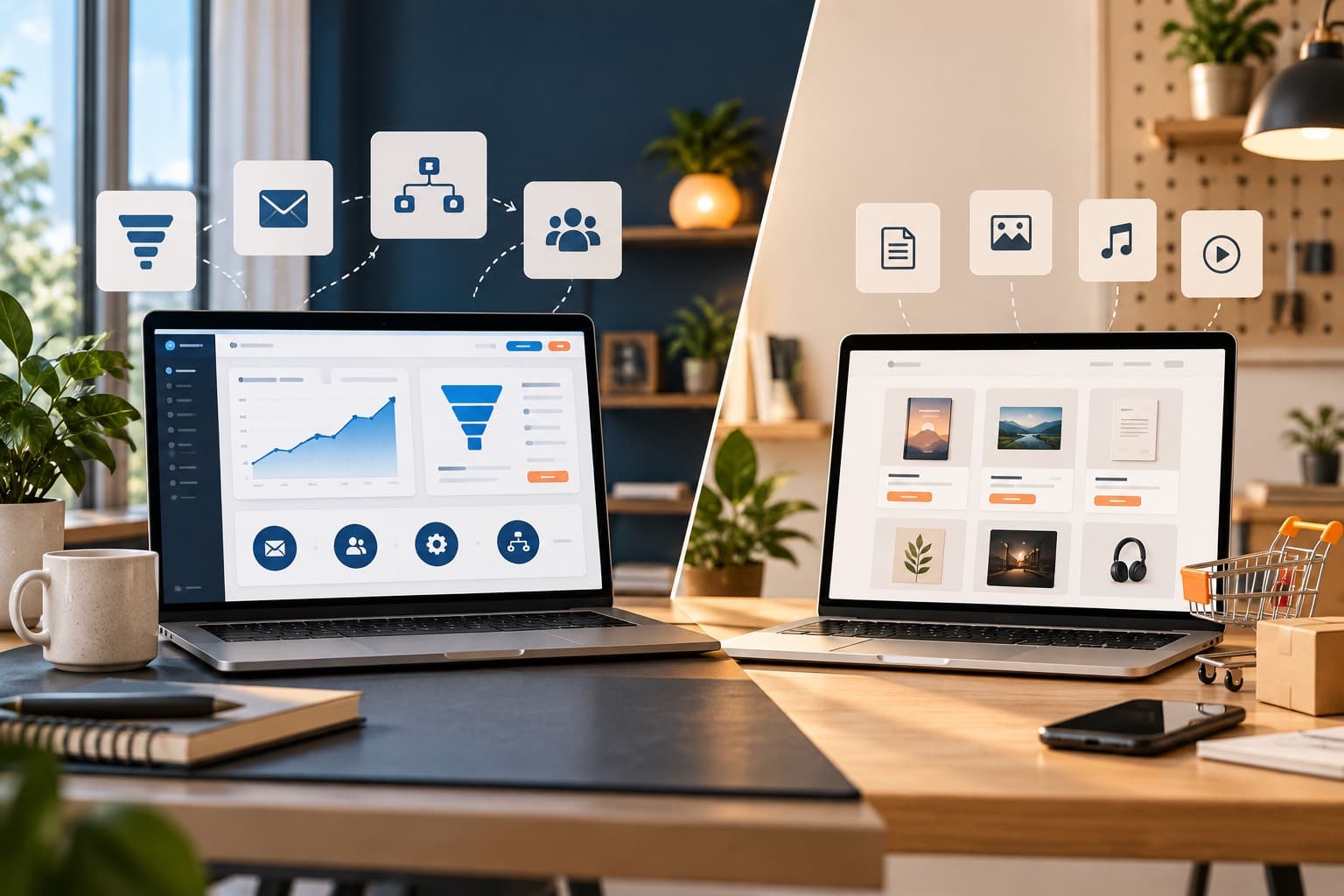 Deux espaces de travail comparant un système de tunnel marketing et une boutique de produits numériques