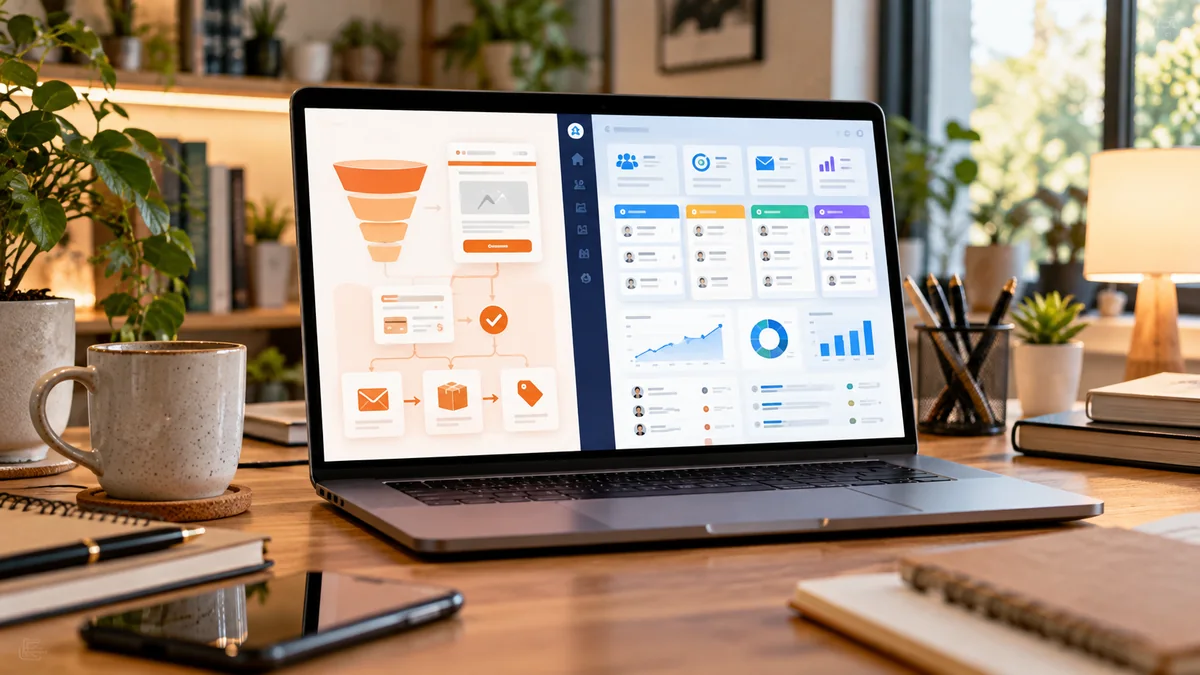 Ordinateur dans un bureau moderne comparant un tunnel de vente à un tableau de bord CRM avec contacts et pipelines