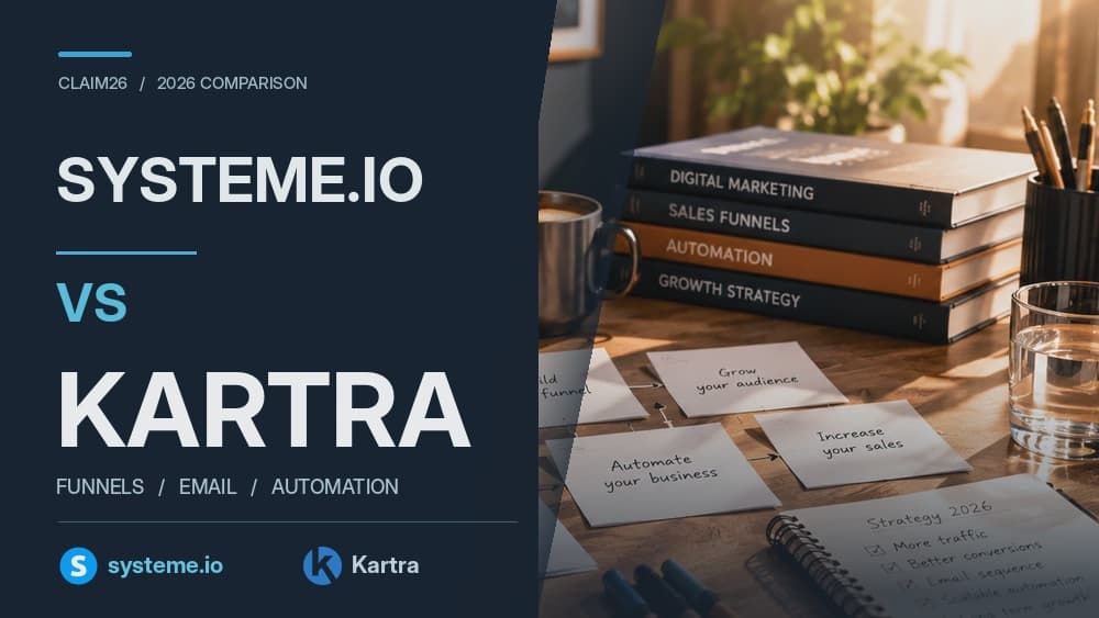 Systeme.io vs Kartra comparison: editorial photo of a digital marketing planning workspace with both platform logos