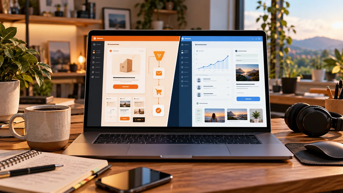 Bureau chaleureux avec ordinateur comparant un tunnel de vente et un tableau de bord de newsletter pour créateurs