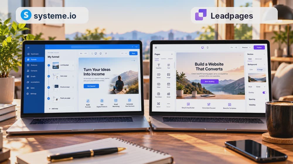 Editorial artwork contrasting a connected sales funnel and a landing page design, with Systeme.io and Leadpages logos