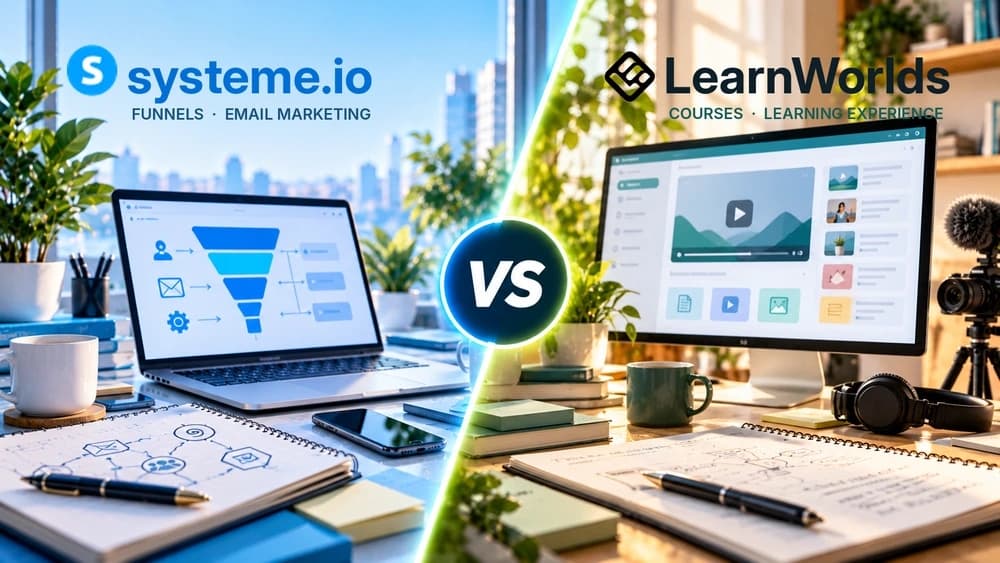 Systeme.io vs LearnWorlds: sales funnels and email marketing compared with online courses and learner experience