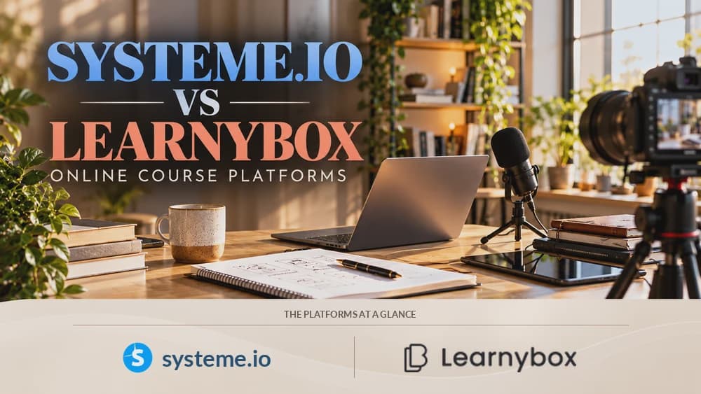Systeme.io vs LearnyBox comparison for online courses and marketing, with both platform logos in a creator studio