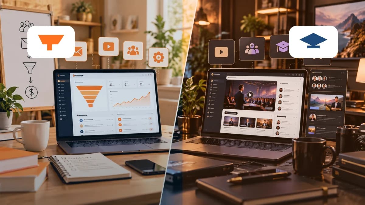 Illustration éditoriale comparant une plateforme de vente tout-en-un et une plateforme française de formation LMS