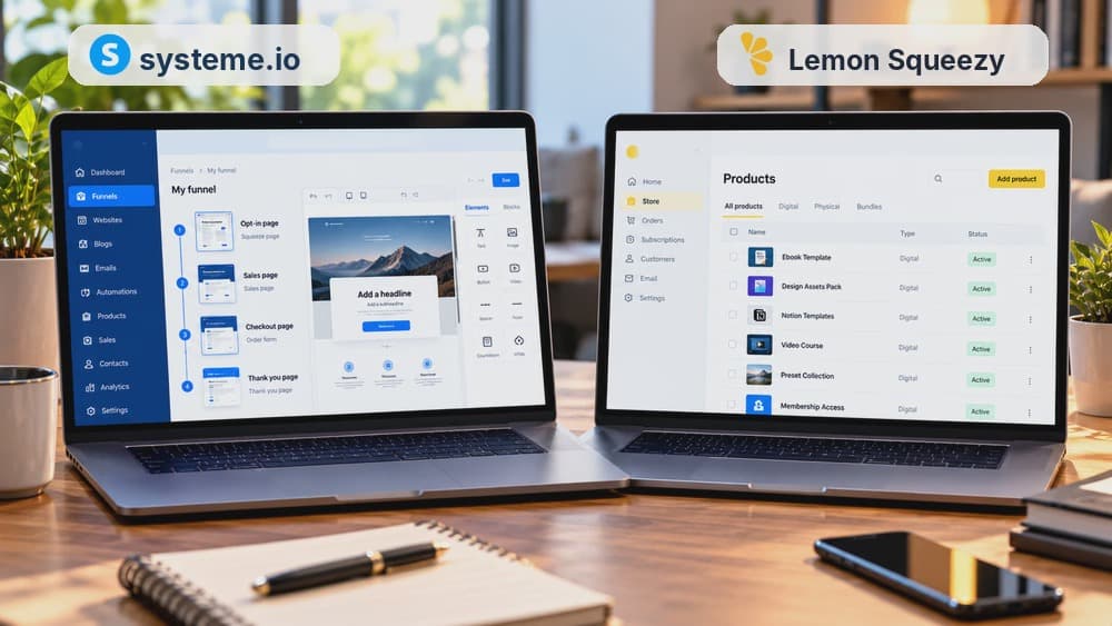Lemon Squeezy digital-commerce checkout compared with a full Systeme.io marketing funnel