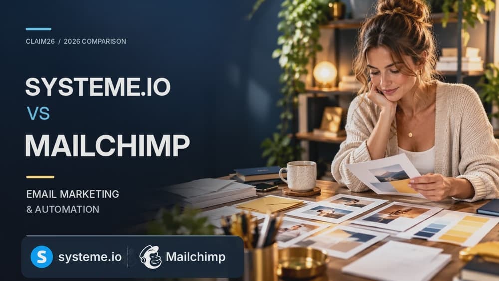 Systeme.io vs Mailchimp comparison with brand logos and a marketing specialist reviewing a campaign design
